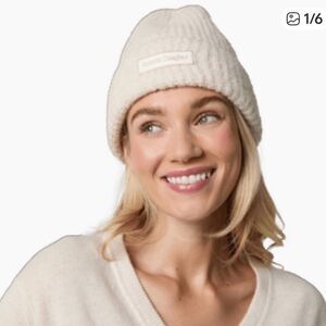 Favorite Daughter Beanie Logo Patch Rib Ivory Cream Knit Wool Blend Beanie NWT